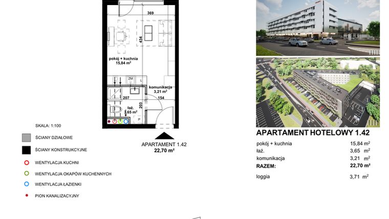Rzut - Mieszkanie na sprzedaż 1 pokój o powierzchni 22,64 m² - numer 1.42 w Apartamentowiec Zwycięska 3 - inwestycyjne