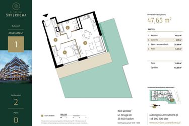 Rzut - Mieszkanie na sprzedaż 2 pokoje o powierzchni 47,65 m² - numer 1 w Rezydencja Świerkowa
