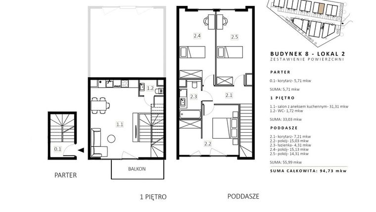 Rzut - Mieszkanie na sprzedaż 3 pokoje o powierzchni 96,1 m² - numer B8/M2 w Wille Estezja