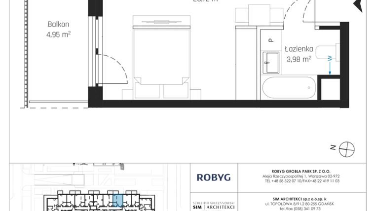 Rzut - Mieszkanie na sprzedaż 1 pokój o powierzchni 33,98 m² - numer J.1M21 w Nadmotławie Apartments etap J