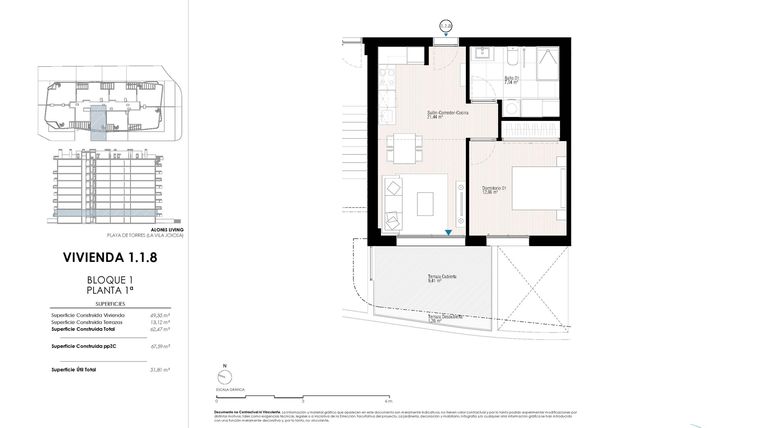 Rzut - Mieszkanie na sprzedaż 1 pokój o powierzchni 62,47 m² - numer 1.1.8 w Apartamenty w La Vila Joiosa - 28003245