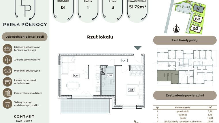 Rzut - Mieszkanie na sprzedaż 2 pokoje o powierzchni 51,72 m² - numer B1.1_3 w Perła Północy etap 2