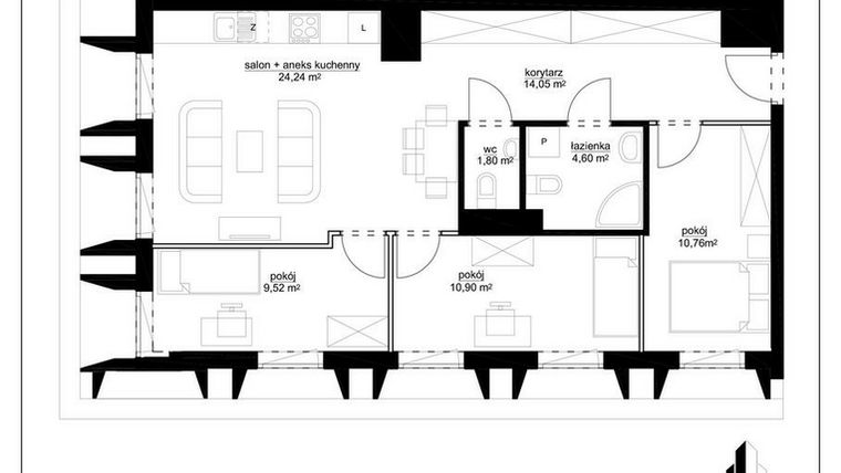 Rzut - Mieszkanie na sprzedaż 4 pokoje o powierzchni 75,47 m² - numer A 16 w Kopernika 15