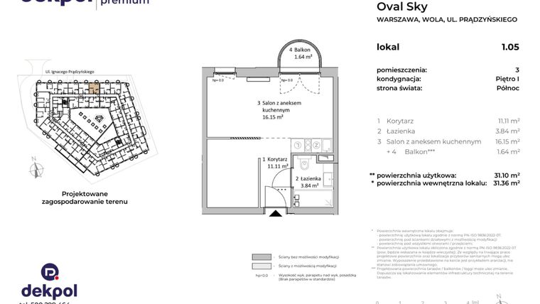 Rzut - Mieszkanie na sprzedaż 1 pokój o powierzchni 31,1 m² - numer 1.05 w OVAL SKY