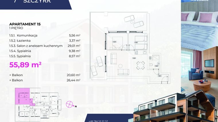 Rzut - Mieszkanie na sprzedaż 3 pokoje o powierzchni 55,89 m² - numer 15 w Novy Szczyrk