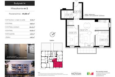 Rzut - Mieszkanie na sprzedaż 3 pokoje o powierzchni 61,06 m² - numer M2 w Novum Rumia - bud. 14