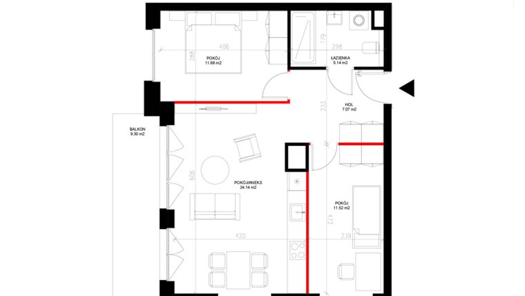 Rzut - Mieszkanie na sprzedaż 3 pokoje o powierzchni 59,55 m² - numer E.1.2 w INSPIRE ETAP IV – bud. E