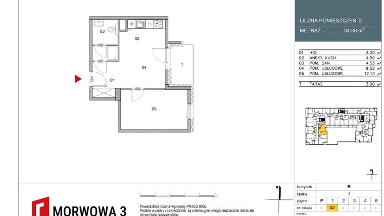 Rzut - Mieszkanie na sprzedaż 2 pokoje o powierzchni 34,88 m² - numer 2 w Morwowa 3 - Apartamenty Inwestycyjne