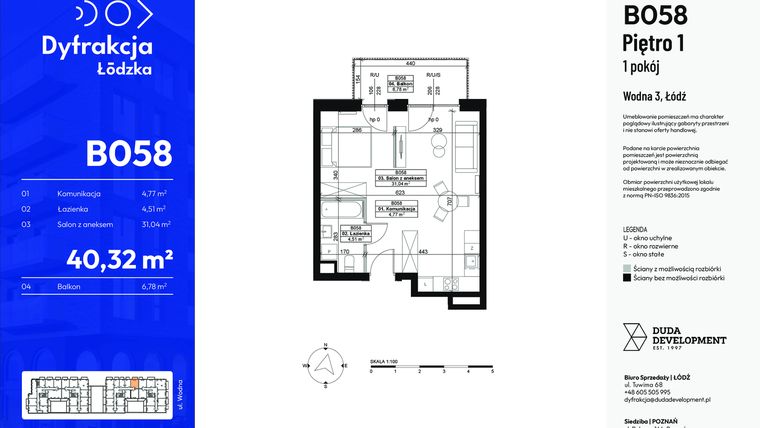 Rzut - Mieszkanie na sprzedaż 1 pokój o powierzchni 40,32 m² - numer B058 w Dyfrakcja Łódzka