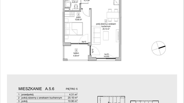 Rzut - Mieszkanie na sprzedaż 2 pokoje o powierzchni 44,56 m² - numer A.5.6 w ATAL Symbioza IA