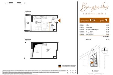 Rzut - Mieszkanie na sprzedaż 2 pokoje o powierzchni 36,07 m² - numer AP.3.32 w Baysuites