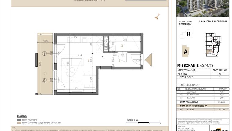 Rzut - Mieszkanie na sprzedaż 1 pokój o powierzchni 27,86 m² - numer A3/4/13 w GEMINI G-7