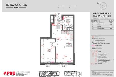 Rzut - Mieszkanie na sprzedaż 2 pokoje o powierzchni 37,9 m² - numer M13 w Antczaka 46