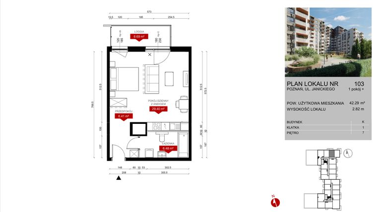 Rzut - Mieszkanie na sprzedaż 1 pokój o powierzchni 42,29 m² - numer K.103 w Wieża Jeżyce etap V