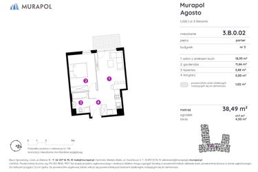 Rzut - Mieszkanie na sprzedaż 1 pokój o powierzchni 38,49 m² - numer 3.B.0.02 w Murapol Agosto