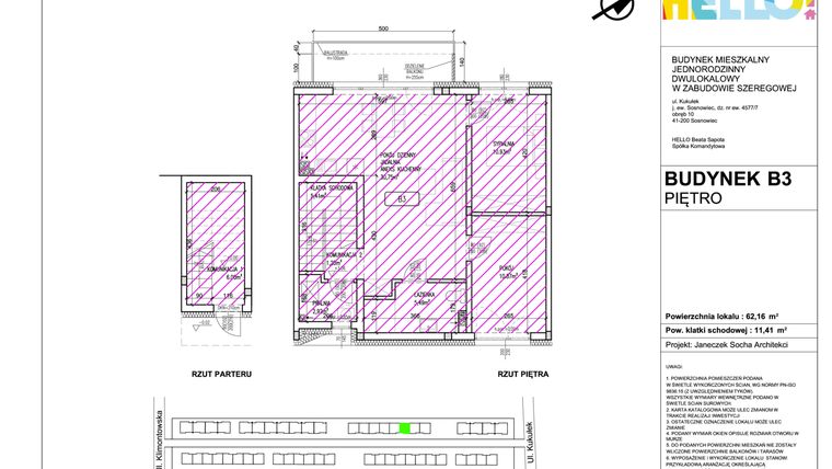 Rzut - Mieszkanie na sprzedaż 3 pokoje o powierzchni 62,16 m² - numer B3.2 w HELLO! KUKUŁKI bud. B