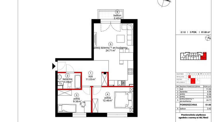 Rzut - Mieszkanie na sprzedaż 3 pokoje o powierzchni 60,78 m² - numer 8 w Czynu Społecznego 65F