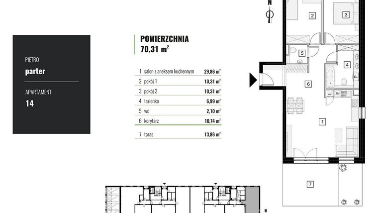 Rzut - Mieszkanie na sprzedaż 3 pokoje o powierzchni 70,31 m² - numer M.14 w Zielony Horyzont II