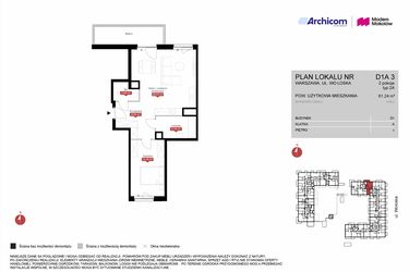 Rzut - Mieszkanie na sprzedaż 2 pokoje o powierzchni 61,24 m² - numer D1A 3 w Modern Mokotów etap 4, budynek D1 i D2