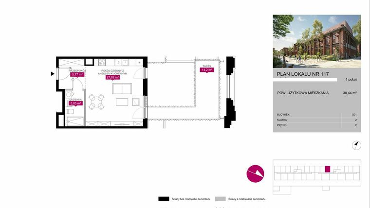 Rzut - Mieszkanie na sprzedaż 1 pokój o powierzchni 38,52 m² - numer G1.117 w Fuzja Mieszkania Loftowe