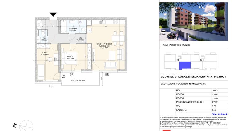 Rzut - Mieszkanie na sprzedaż 3 pokoje o powierzchni 69,93 m² - numer B.6 w Wólczańska 248 - etap II
