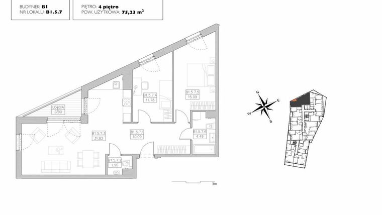 Rzut - Mieszkanie na sprzedaż 3 pokoje o powierzchni 75,23 m² - numer B1.5.7 w Alvarium 2.0
