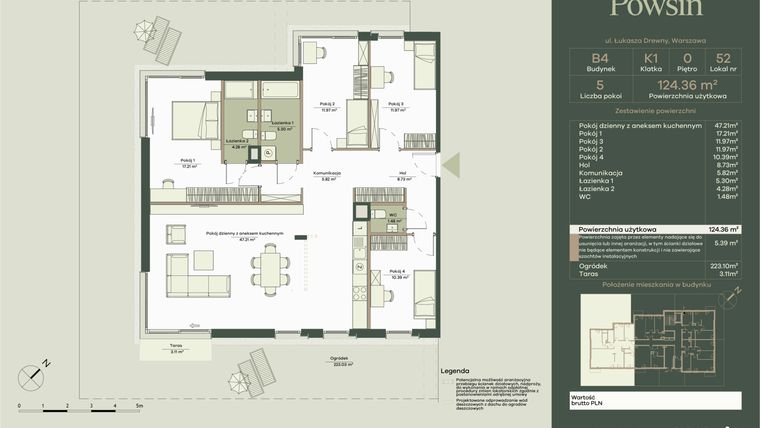 Rzut - Mieszkanie na sprzedaż 5 pokoi o powierzchni 124,36 m² - numer B4/52 w Onelife Powsin