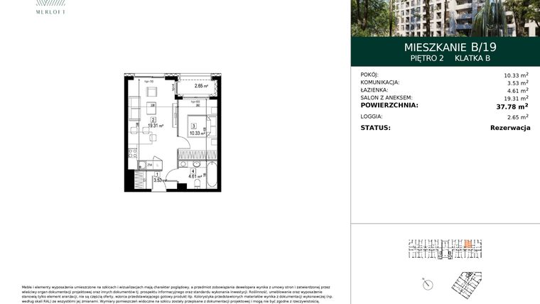 Rzut - Mieszkanie na sprzedaż 2 pokoje o powierzchni 37,78 m² - numer B/19 w Merloft