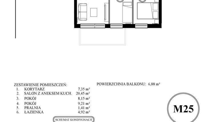 Rzut - Mieszkanie na sprzedaż 3 pokoje o powierzchni 51,49 m² - numer 25 w Młody Straszyn Park VI - bud. A