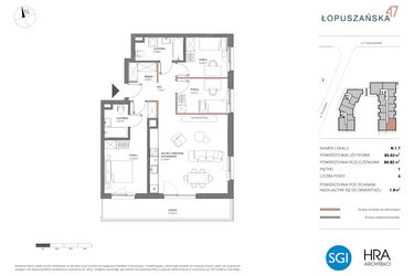 Rzut - Mieszkanie na sprzedaż 4 pokoje o powierzchni 86,48 m² - numer N.1.7 w Łopuszańska 47 - etap 4