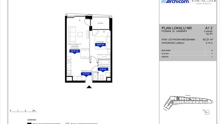 Rzut - Mieszkanie na sprzedaż 2 pokoje o powierzchni 42,21 m² - numer A1.2 w Apartamenty Esencja II