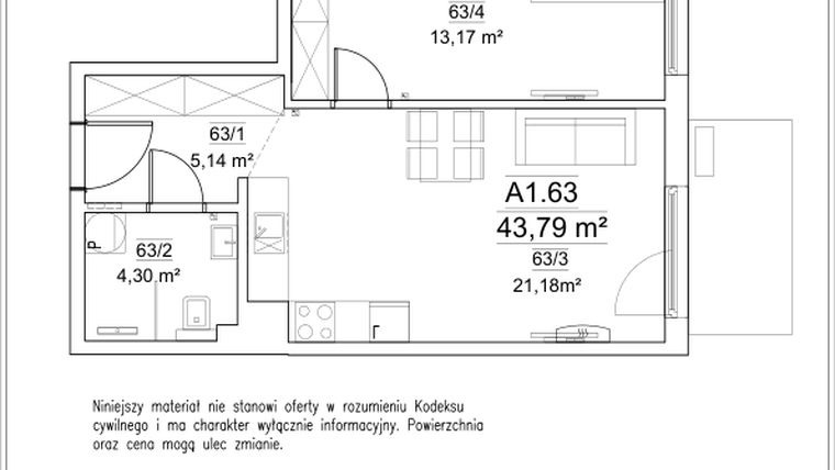 Rzut - Mieszkanie na sprzedaż 2 pokoje o powierzchni 43,79 m² - numer A1.63 w FORTnatura