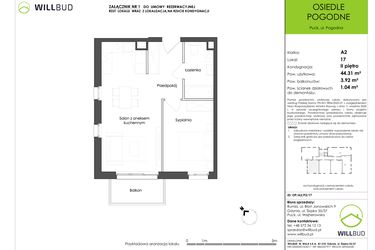Rzut - Mieszkanie na sprzedaż 2 pokoje o powierzchni 44,31 m² - numer OP/A2/P2/17 w Osiedle Pogodne etap I
