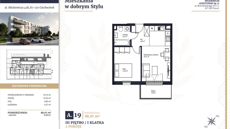 Rzut - Mieszkanie na sprzedaż 2 pokoje o powierzchni 40,41 m² - numer A19 w Mickiewicza