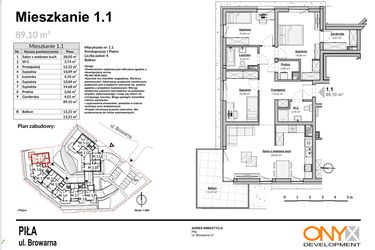 Rzut - Mieszkanie na sprzedaż 4 pokoje o powierzchni 89,1 m² - numer M1.1 w Bulwary Apartamenty