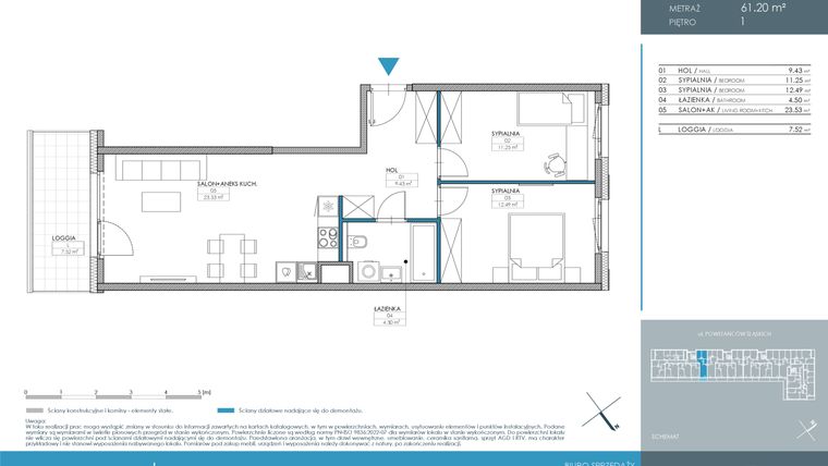 Rzut - Mieszkanie na sprzedaż 3 pokoje o powierzchni 61,2 m² - numer 1.1.1.06 w Nordic Powstańców Śląskich