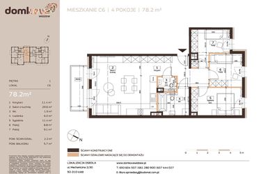 Rzut - Mieszkanie na sprzedaż 4 pokoje o powierzchni 78,2 m² - numer C6 w Domkove Widzew