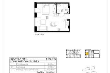 Rzut - Mieszkanie na sprzedaż 1 pokój o powierzchni 31,62 m² - numer 1B-2.4 w Gardenia Pogodno