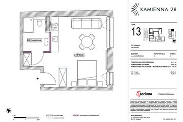 Rzut - Mieszkanie na sprzedaż 1 pokój o powierzchni 34,71 m² - numer 4.13 w Kamienna 28 - apartamenty inwestycyjne