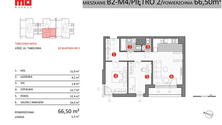 Rzut - Mieszkanie na sprzedaż 3 pokoje o powierzchni 66,5 m² - numer B2-M4 w Tabelowa NOVA