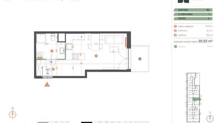 Rzut - Mieszkanie na sprzedaż 1 pokój o powierzchni 30,82 m² - numer M.04.07 w Casa Feliz Portowa