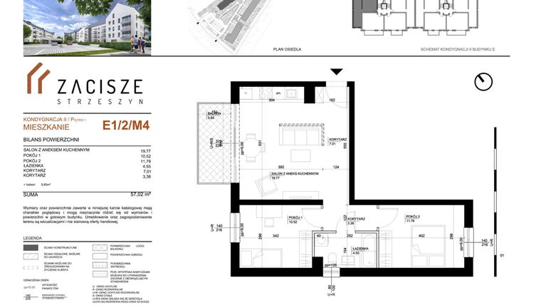 Rzut - Mieszkanie na sprzedaż 3 pokoje o powierzchni 57,02 m² - numer E1.2.M4 w Zacisze Strzeszyn