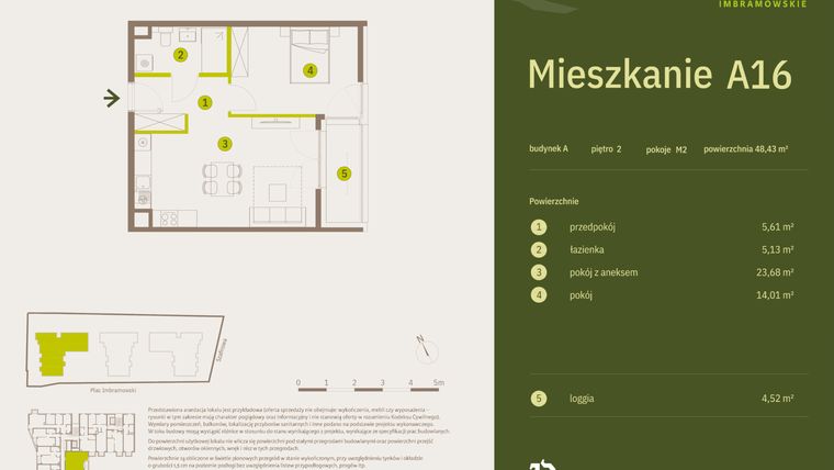Rzut - Mieszkanie na sprzedaż 2 pokoje o powierzchni 48,43 m² - numer A16 w Osiedle Imbramowskie