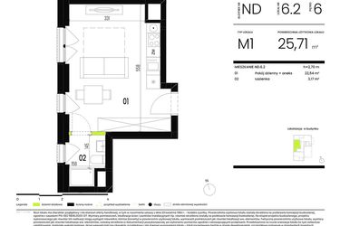 Rzut - Mieszkanie na sprzedaż 1 pokój o powierzchni 25,71 m² - numer ND.6.2 w Ogrody Staromiejskie