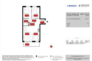 Rzut - Mieszkanie na sprzedaż 3 pokoje o powierzchni 64,48 m² - numer WR3 1/2/6/3k w Przystań Reymonta etap II