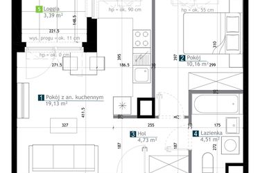 Rzut - Mieszkanie na sprzedaż 2 pokoje o powierzchni 38,53 m² - numer AA0105 w M Bemowo 3
