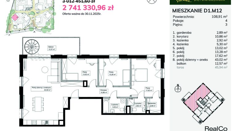 Rzut - Mieszkanie na sprzedaż 4 pokoje o powierzchni 108,91 m² - numer D1.M12 w Apartamenty przy Parku Szczytnickim