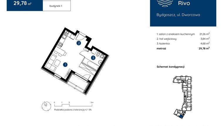 Rzut - Mieszkanie na sprzedaż 1 pokój o powierzchni 29,78 m² - numer 1.A.2.01 w Murapol Rivo
