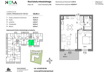 Rzut - Mieszkanie na sprzedaż 2 pokoje o powierzchni 45,36 m² - numer 64 w Nova Radiostacja