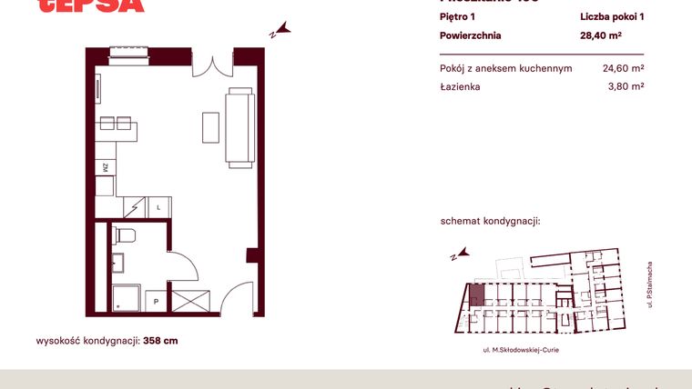 Rzut - Mieszkanie na sprzedaż 1 pokój o powierzchni 28,4 m² - numer M106 w Tepsa Kato